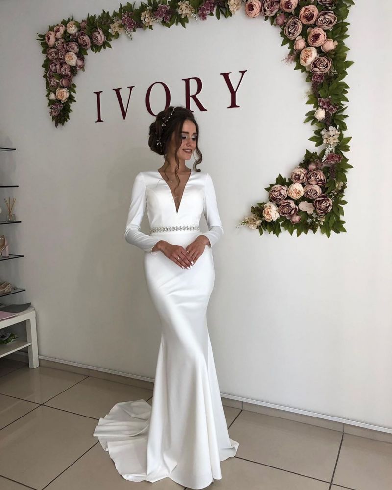 Simple Shining White V neck Mermaid Pearl Belt Court Train Open back Bridal Gown-showprettydress