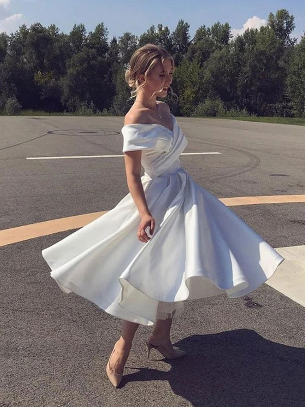 Simple Short A-line Satin Off the shoulder Wedding Dress-showprettydress