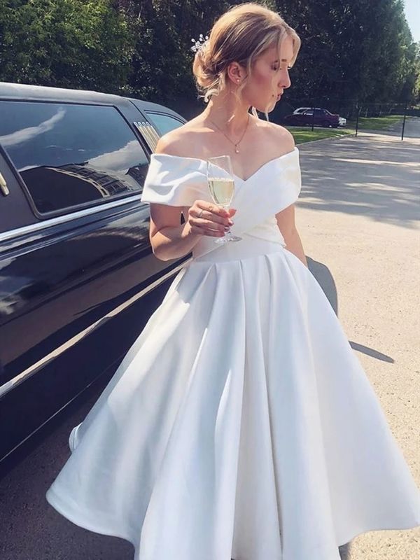 Simple Short A-line Satin Off the shoulder Wedding Dress-showprettydress