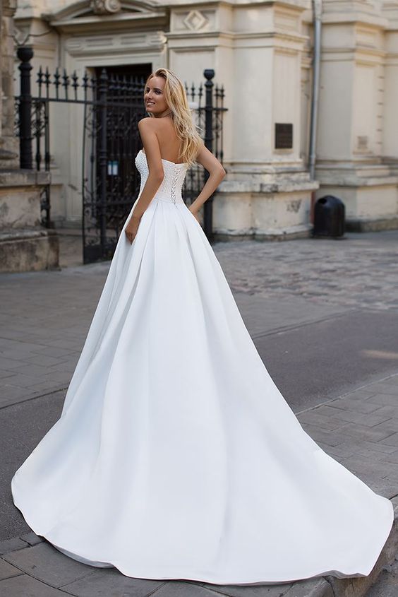 Simple Strapless White A line Zipper up A line Princess Wedding Dress-showprettydress