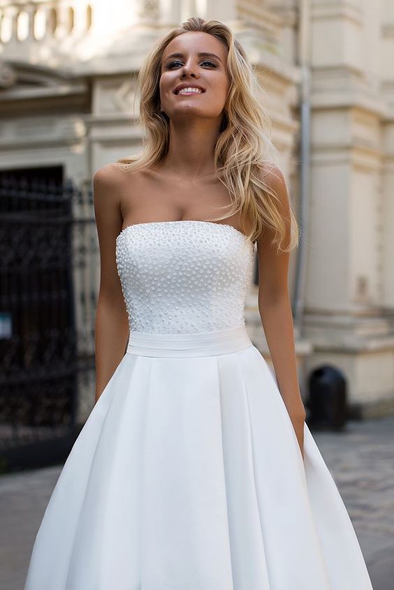 Simple Strapless White A line Zipper up A line Princess Wedding Dress-showprettydress