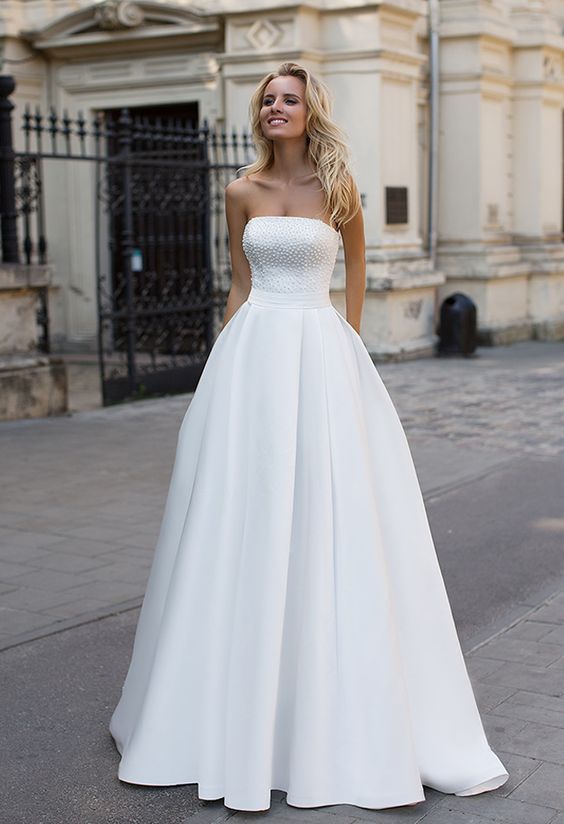 Simple Strapless White A line Zipper up A line Princess Wedding Dress-showprettydress