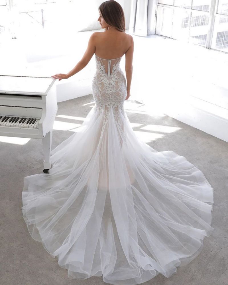 Simple Summer style White Sweetheart Mermaid Lace Wedding Dress Online-showprettydress