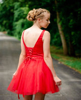 Simple V-neck Straps Red Homecoming Dress A Line Tulle Sleeveless Beading Short Cocktail Dress-showprettydress