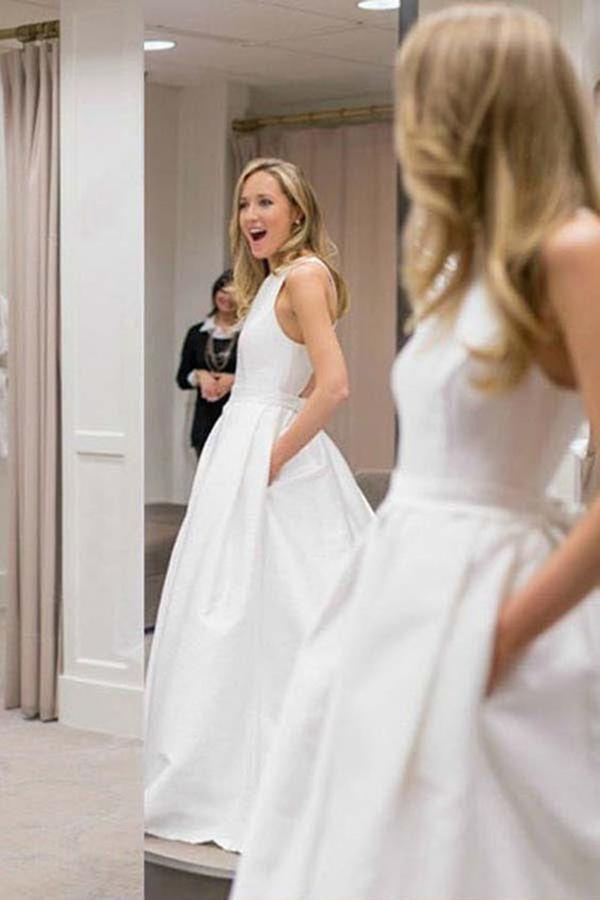 Simple White Long A-Line Satin Wedding Dress with Pockets-showprettydress