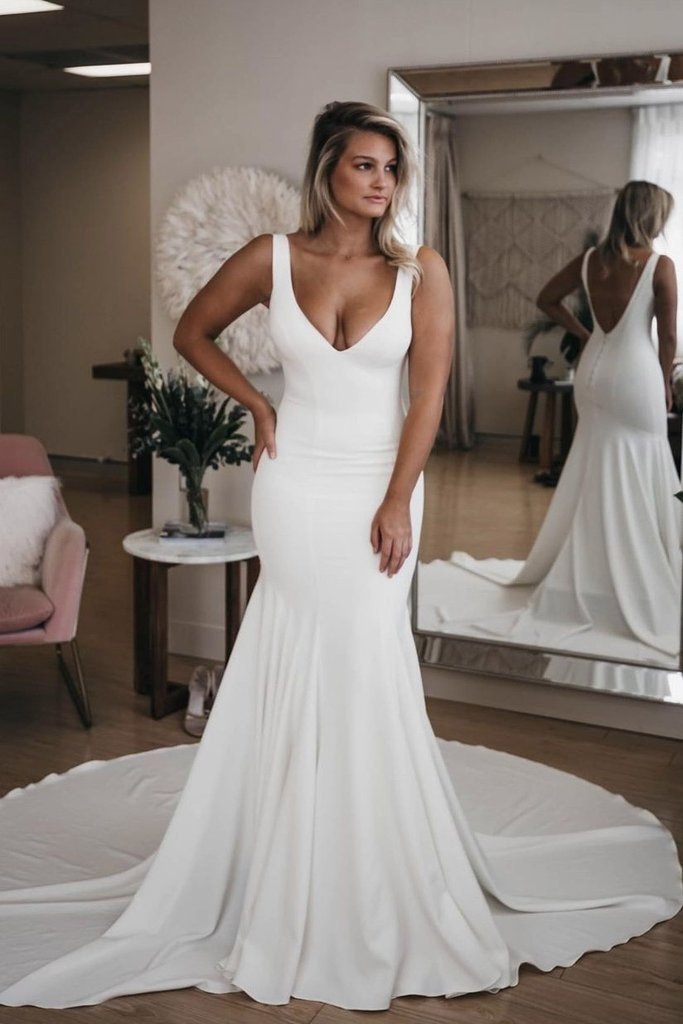 Simple White Long Mermaid V Neck Train Backless Wedding Dress-showprettydress