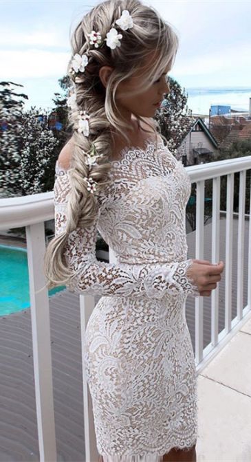 Simple White Long-Sleeve Mermaid Short Cocktail Party Dresses-showprettydress
