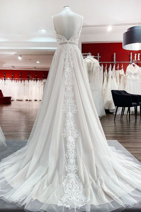 Simply Long A-line Tulle Lace Open Back Wedding Dresses-showprettydress
