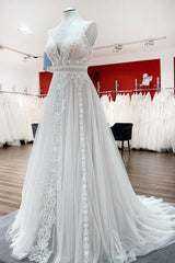 Simply Long A-line Tulle Lace Open Back Wedding Dresses-showprettydress