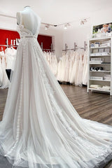 Simply Long A-line Tulle Lace Open Back Wedding Dresses-showprettydress