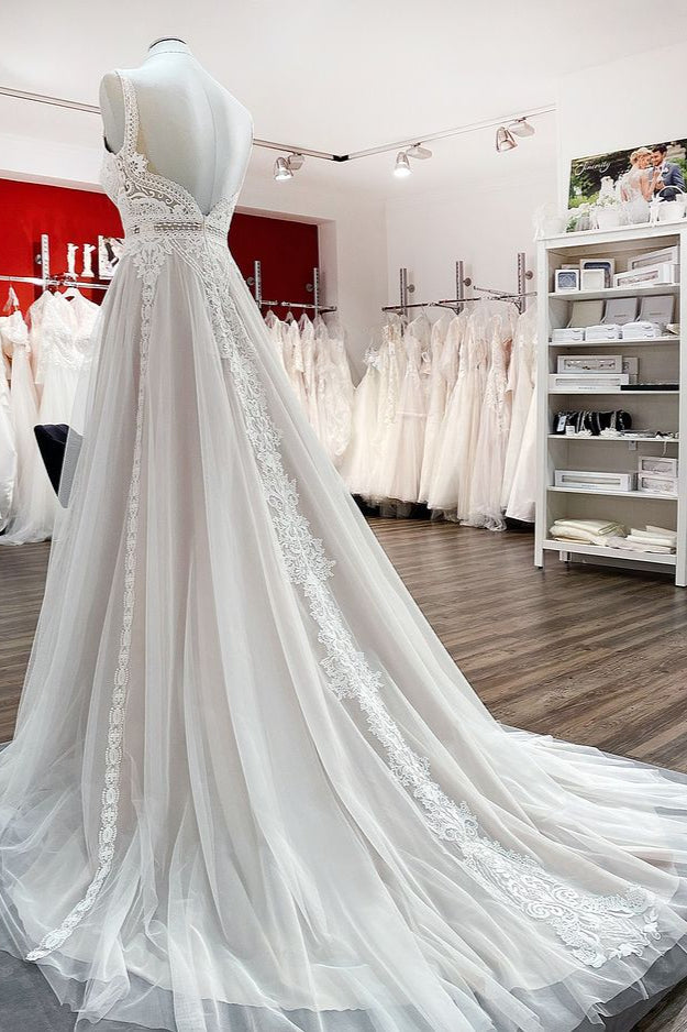 Simply Long A-line Tulle Lace Open Back Wedding Dresses-showprettydress
