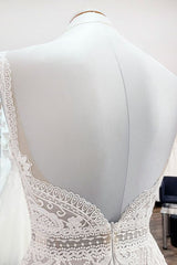 Simply Long A-line Tulle Lace Open Back Wedding Dresses-showprettydress