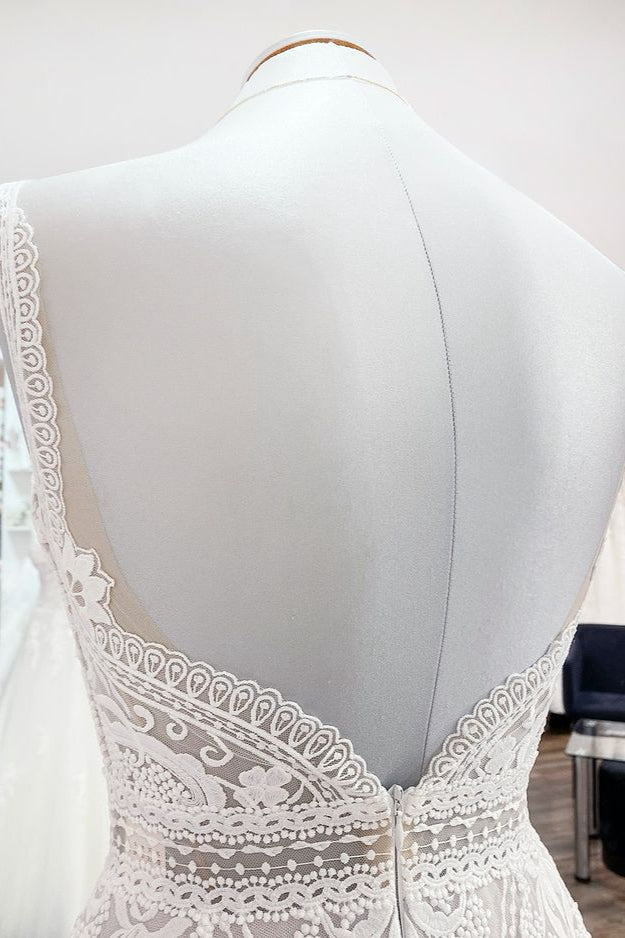 Simply Long A-line Tulle Lace Open Back Wedding Dresses-showprettydress