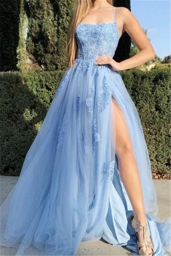Sky Blue Front Split Evening Dress Spaghetti Straps Floral Appliques Tulle Prom Party Gowns-showprettydress