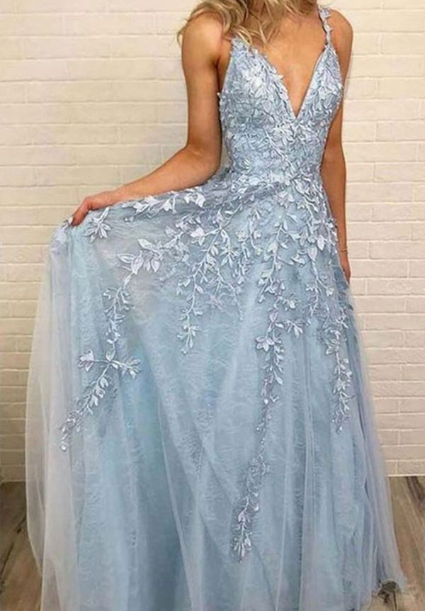 Sky Blue Lace Prom Dresses Deep V-neck A Line Long Party Elegant Floor Length Women Evening Gowns-showprettydress