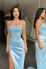 Sky Blue Long Mermaid Strapless Sequin Prom Dress with Slit-showprettydress