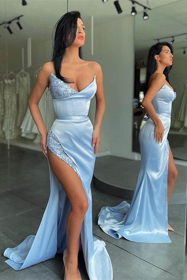 Sky blue Long Mermaid V-neck Sequined Prom Dress with Slit-showprettydress