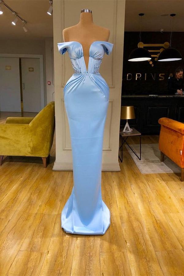 Sky Blue Off-the-Shoulder Mermaid Evening Dress Long-showprettydress