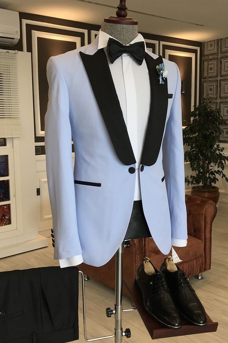 Sky Blue One Button Slim Fit Men Suits Mixed Black Peaked Lapel-showprettydress