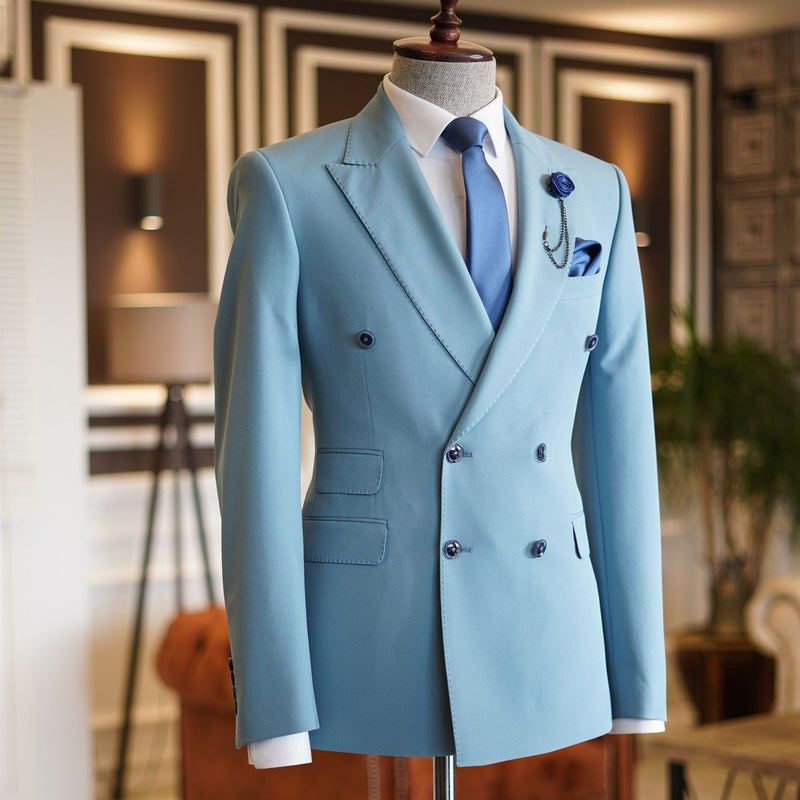 Sky Blue Peaked Lapel Double Breasted Bespoke Men's Prom Suits-showprettydress