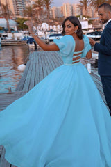 Sky Blue Princess Mermaid Evening Gowns with Sweep Train Short Sleeve Party Gowns-showprettydress
