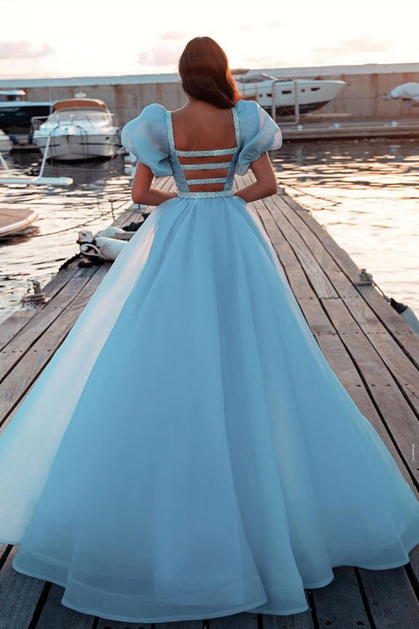 Sky Blue Princess Mermaid Evening Gowns with Sweep Train Short Sleeve Party Gowns-showprettydress