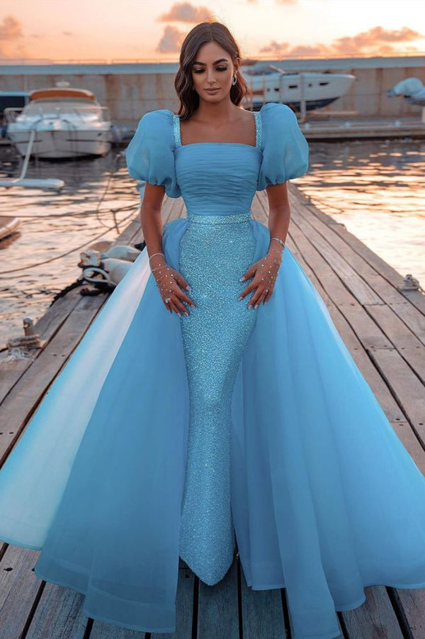 Sky Blue Princess Mermaid Evening Gowns with Sweep Train Short Sleeve Party Gowns-showprettydress
