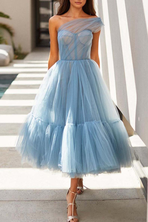 Sky Blue Short A-line One Shoulder Tulle Prom Dress-showprettydress