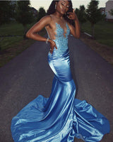 Sky Blue Silk-like Satin Mermaid Lace Appliques Prom Dresses-showprettydress