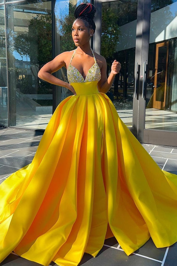 Sleeveless Ball Gown Spaghetti Backless Beading Prom Dress-showprettydress