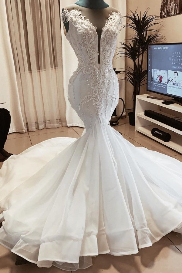 Sleeveless Beads Appliques Mermaid Wedding Dresses Sheer Tulle V neck Tulle Bridal Gowns-showprettydress