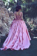 Sleeveless Candy Pink Evening Dresses On Sale Straps Appliques Chic Prom Dresses-showprettydress