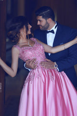Sleeveless Candy Pink Evening Dresses On Sale Straps Appliques Chic Prom Dresses-showprettydress