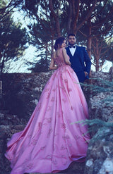 Sleeveless Candy Pink Evening Dresses On Sale Straps Appliques Chic Prom Dresses-showprettydress