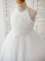 Sleeveless Crewneck Ecru White Kids Party Dresses-showprettydress