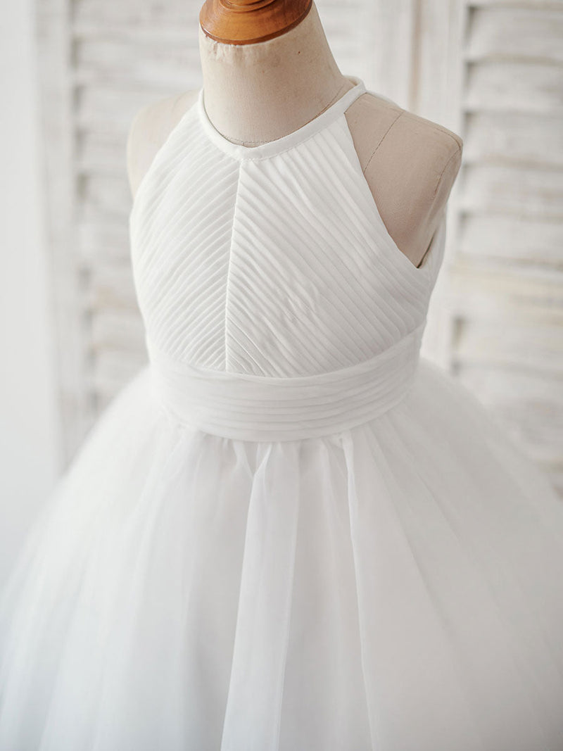 Sleeveless Crewneck Ecru White Kids Party Dresses-showprettydress