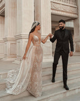 Sleeveless Floral Lace Mermaid Wedding Dress Detachable Train-showprettydress