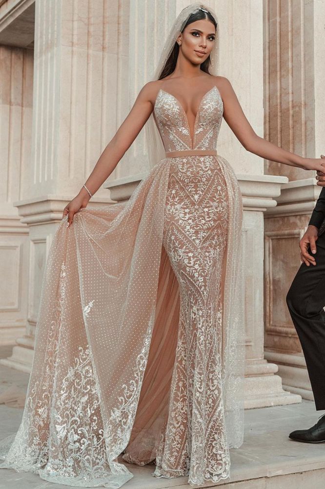 Sleeveless Floral Lace Mermaid Wedding Dress Detachable Train-showprettydress