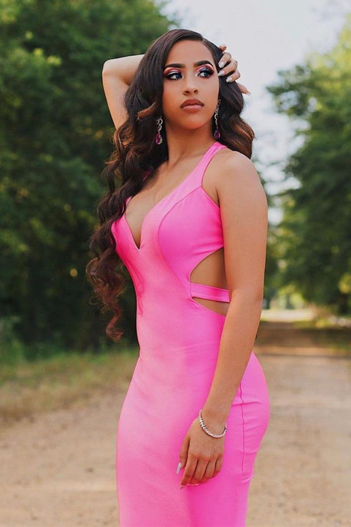 Sleeveless Hot pink Criss-cross back Mermaid Long Train Prom Dresses-showprettydress