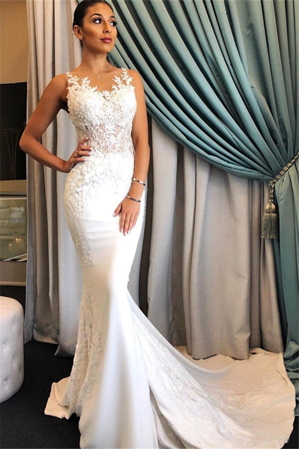 Sleeveless Mermaid Classic Bridal Gowns Appliques Lace Wedding Dresses Online-showprettydress