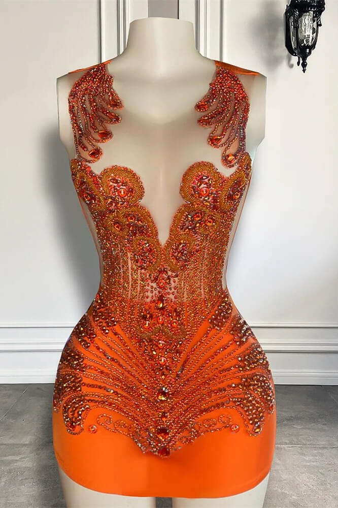 Sleeveless Orange Short Prom Dresses with Scoop Neck and Beadings-Showprettydress