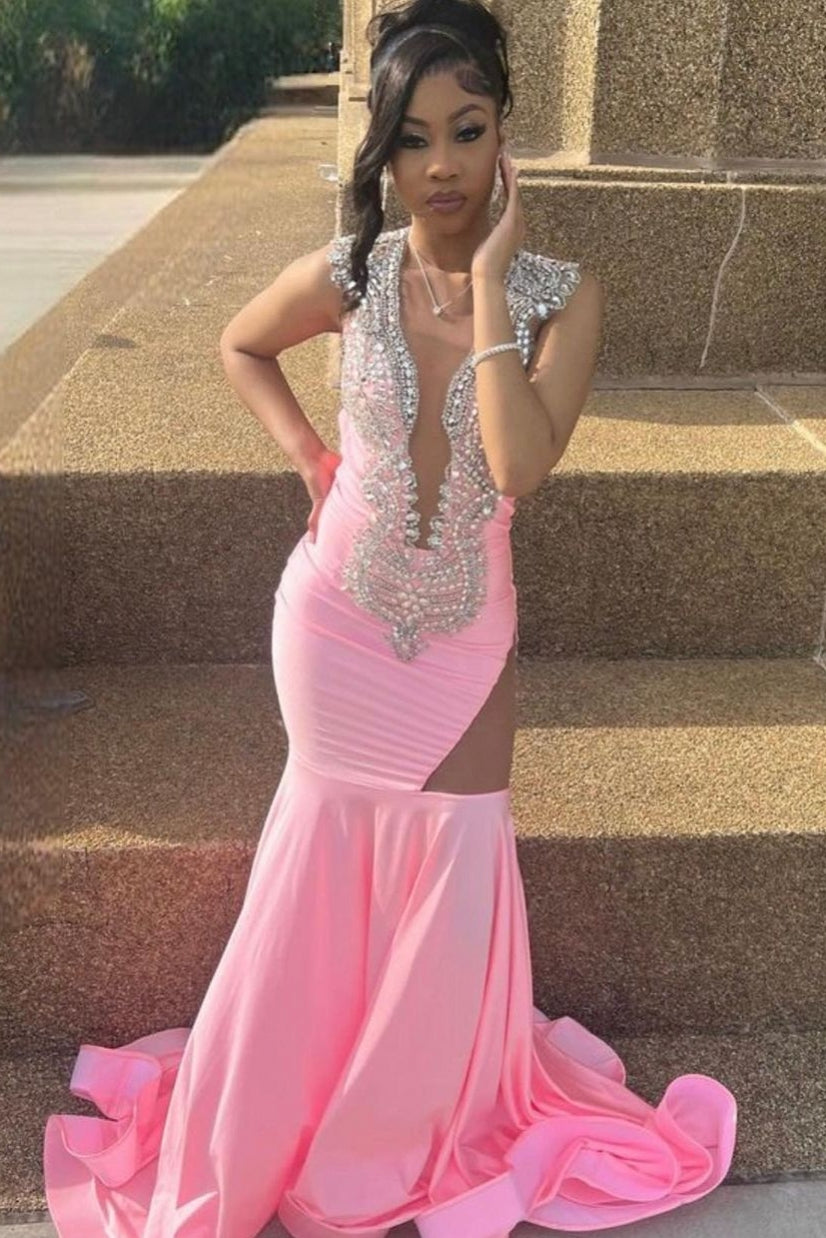 Sleeveless Pink Cutout Mermaid Long Prom Dresses-showprettydress