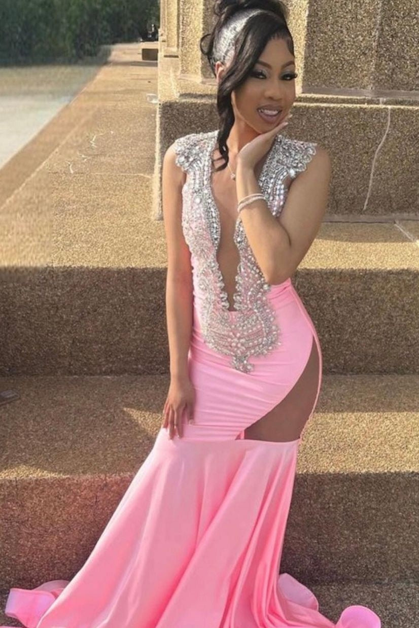 Sleeveless Pink Cutout Mermaid Long Prom Dresses-showprettydress
