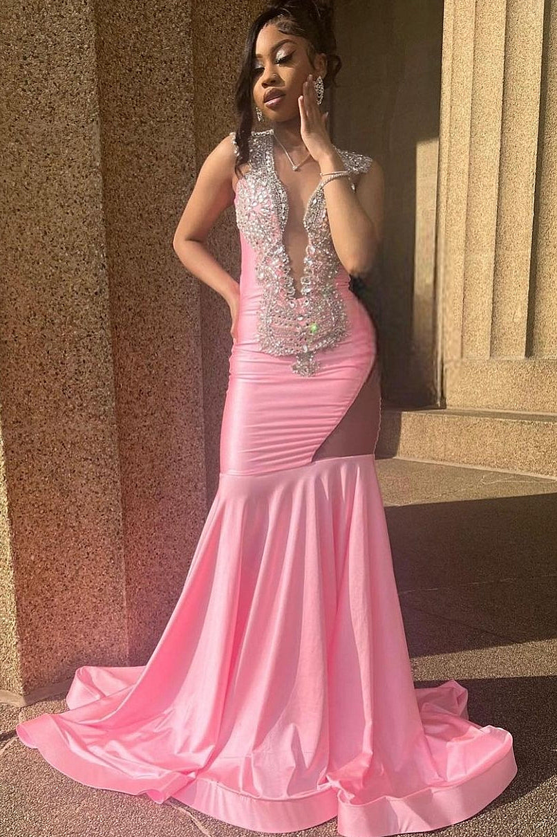 Sleeveless Pink Cutout Mermaid Long Prom Dresses-showprettydress