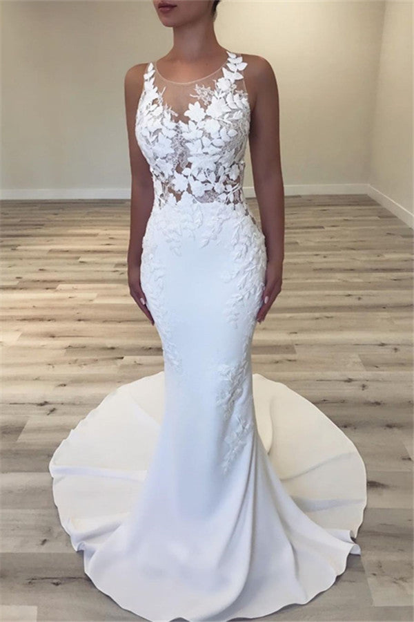Sleeveless Sheer Tulle Wedding Dresses Mermaid Modern Dresses for Weddings-showprettydress