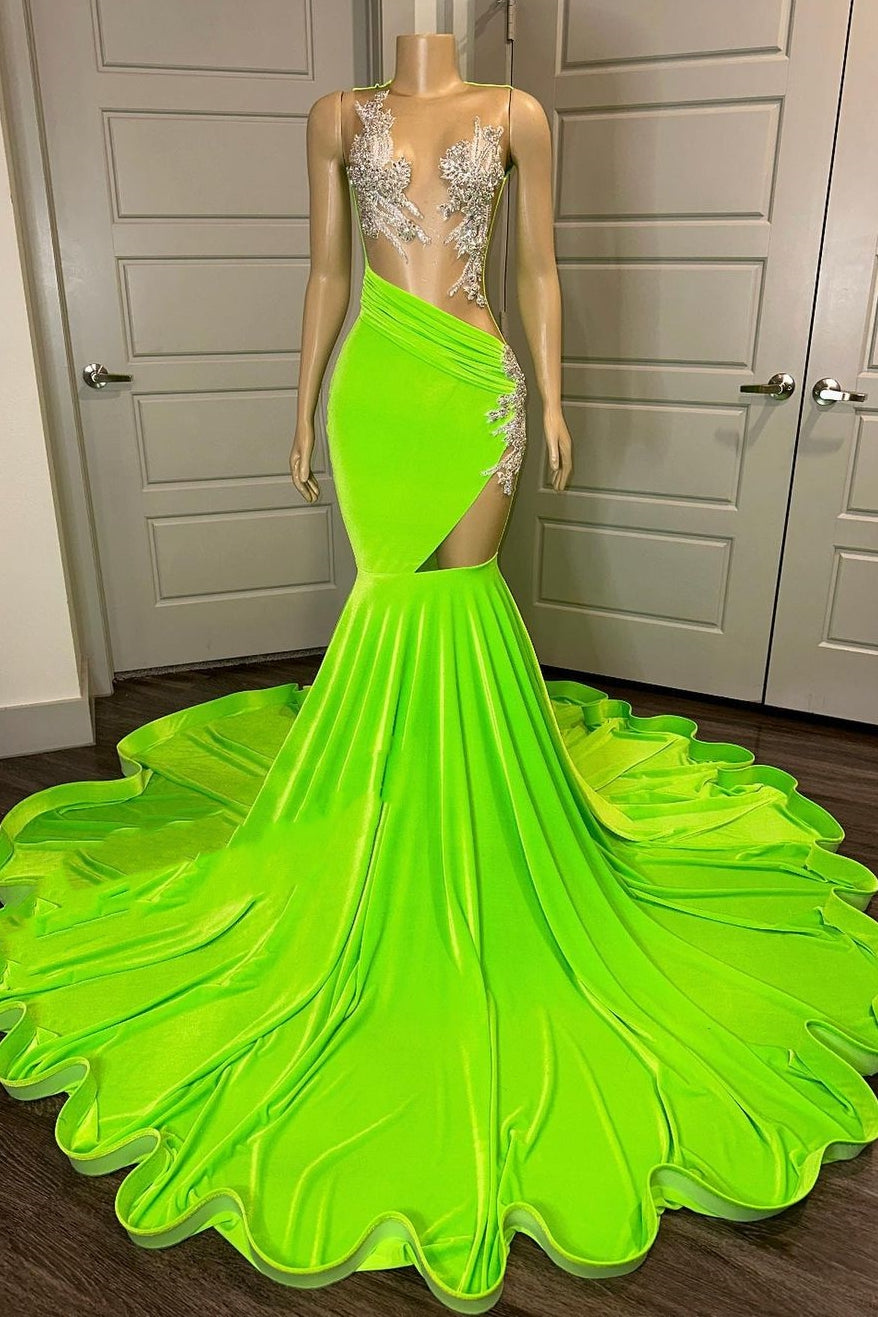 Sleeveless Silver Illusion Neck Long Mermaid Cutout Prom Dresses-showprettydress