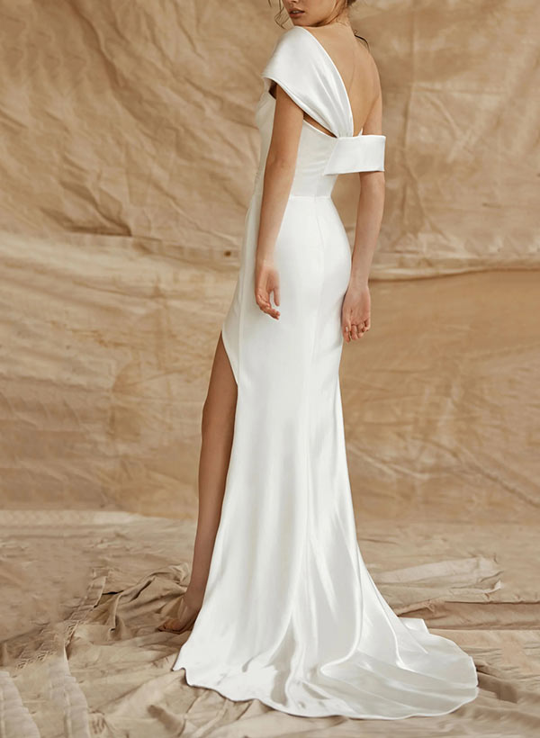 Sleeveless Sweep Train Silk Like Satin Wedding Dresses-Showprettydress