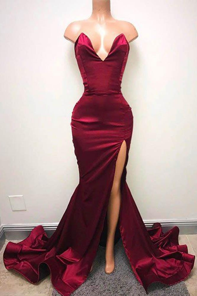 Sleeveless Sweetheart Front-Split Chic Sweep-Train Prom Party Gowns-showprettydress