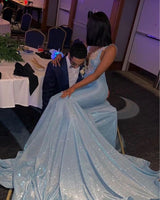 Sleeveless V-neck Appliques Court Train Mermaid Long Prom Dresses-showprettydress