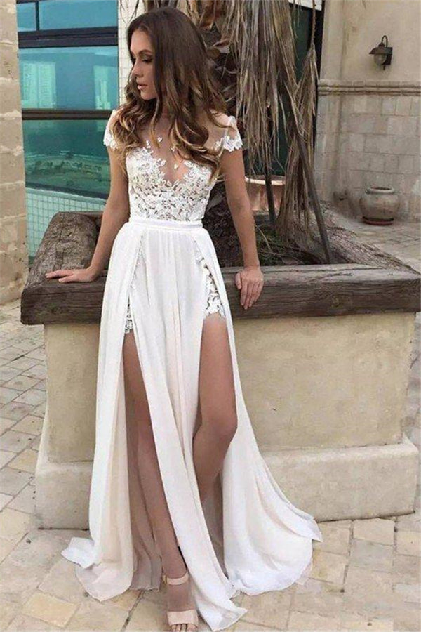 Sleeveless V neck Lace Chiffon A Line Floor Length Wedding Dresses-showprettydress